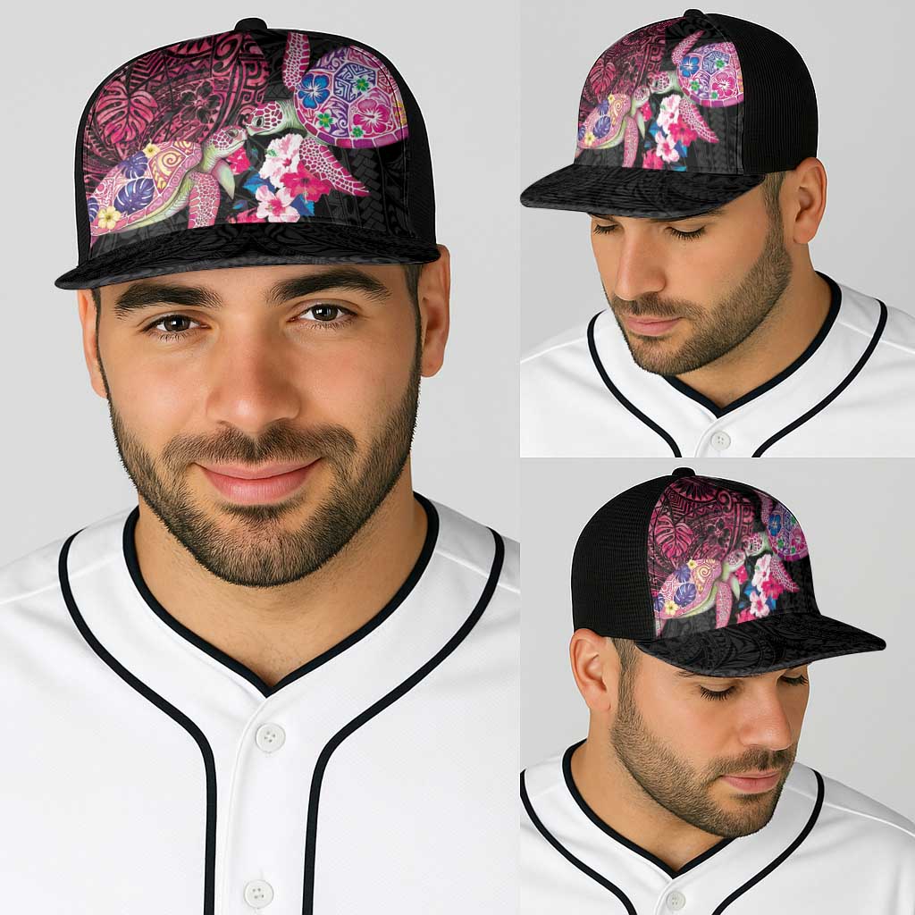 Hawaiian Couple Turtles Honi Baseball Net Cap Polynesian Art Motifs and Hibiscus Black Red Color - Polynesian Pride