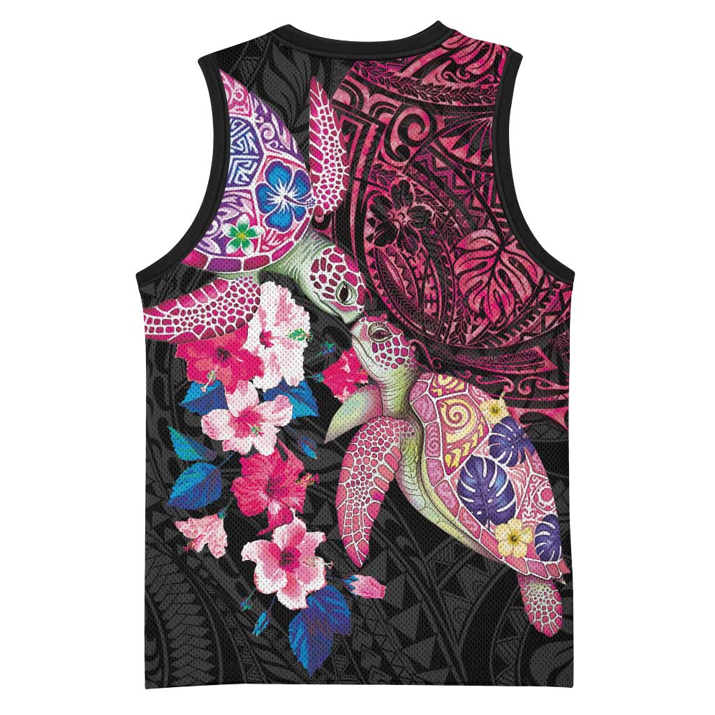 Hawaiian Couple Turtles Honi Basketball Jersey Polynesian Art Motifs and Hibiscus Black Red Color - Polynesian Pride