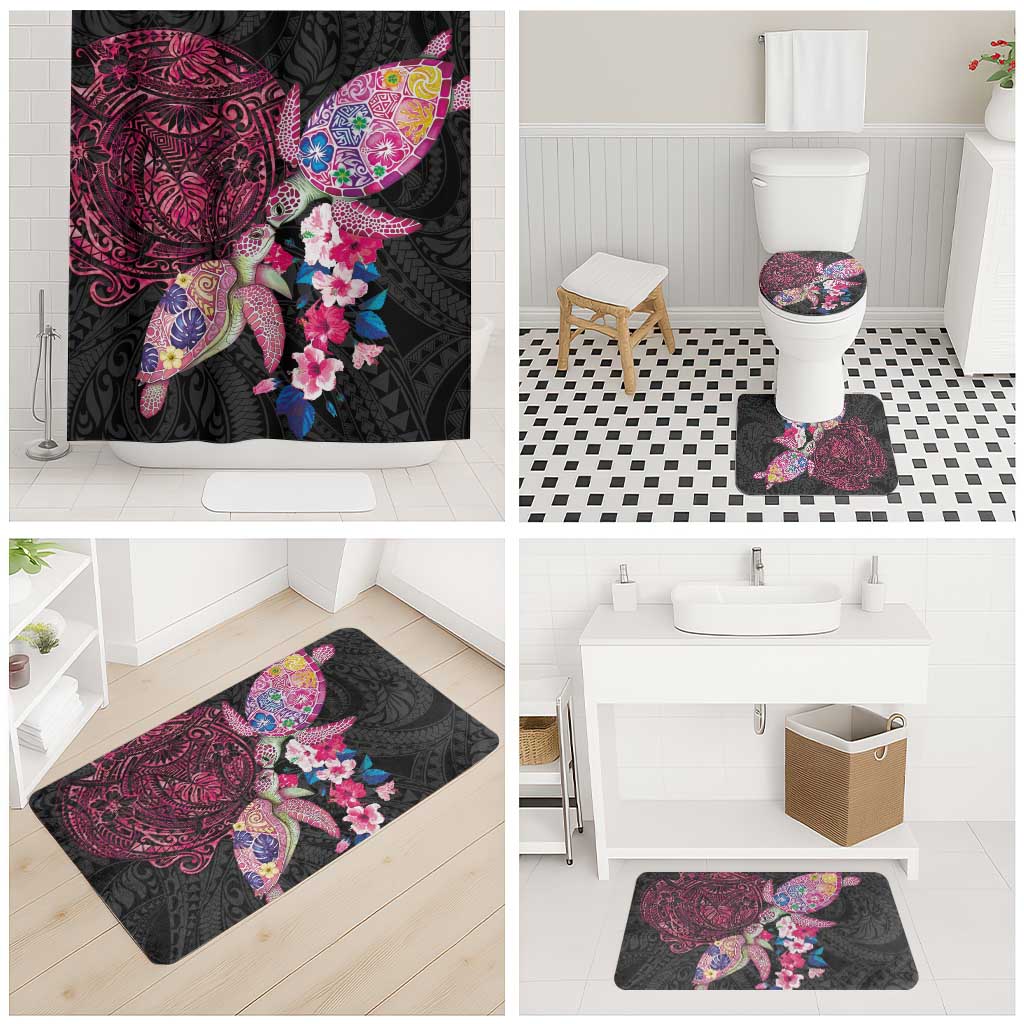 Hawaiian Couple Turtles Honi Bathroom Set Polynesian Art Motifs and Hibiscus Black Red Color - Polynesian Pride