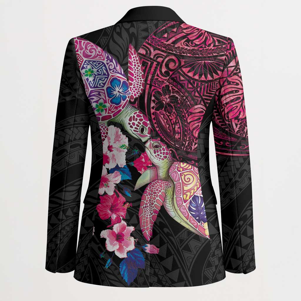 Hawaiian Couple Turtles Honi Blazer Polynesian Art Motifs and Hibiscus Black Red Color - Polynesian Pride