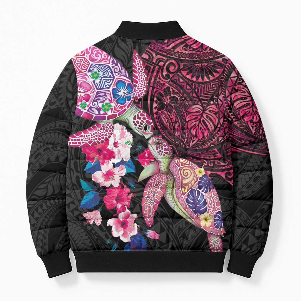 Hawaiian Couple Turtles Honi Bomber Puffer Jacket Polynesian Art Motifs and Hibiscus Black Red Color - Polynesian Pride