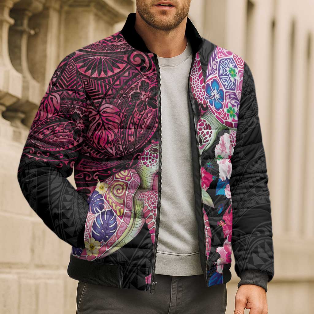 Hawaiian Couple Turtles Honi Bomber Puffer Jacket Polynesian Art Motifs and Hibiscus Black Red Color - Polynesian Pride