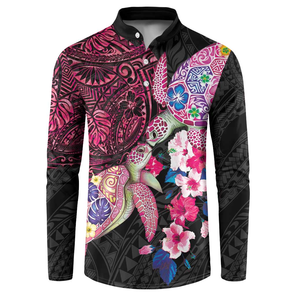 Hawaiian Couple Turtles Honi Button Sweatshirt Polynesian Art Motifs and Hibiscus Black Red Color - Polynesian Pride