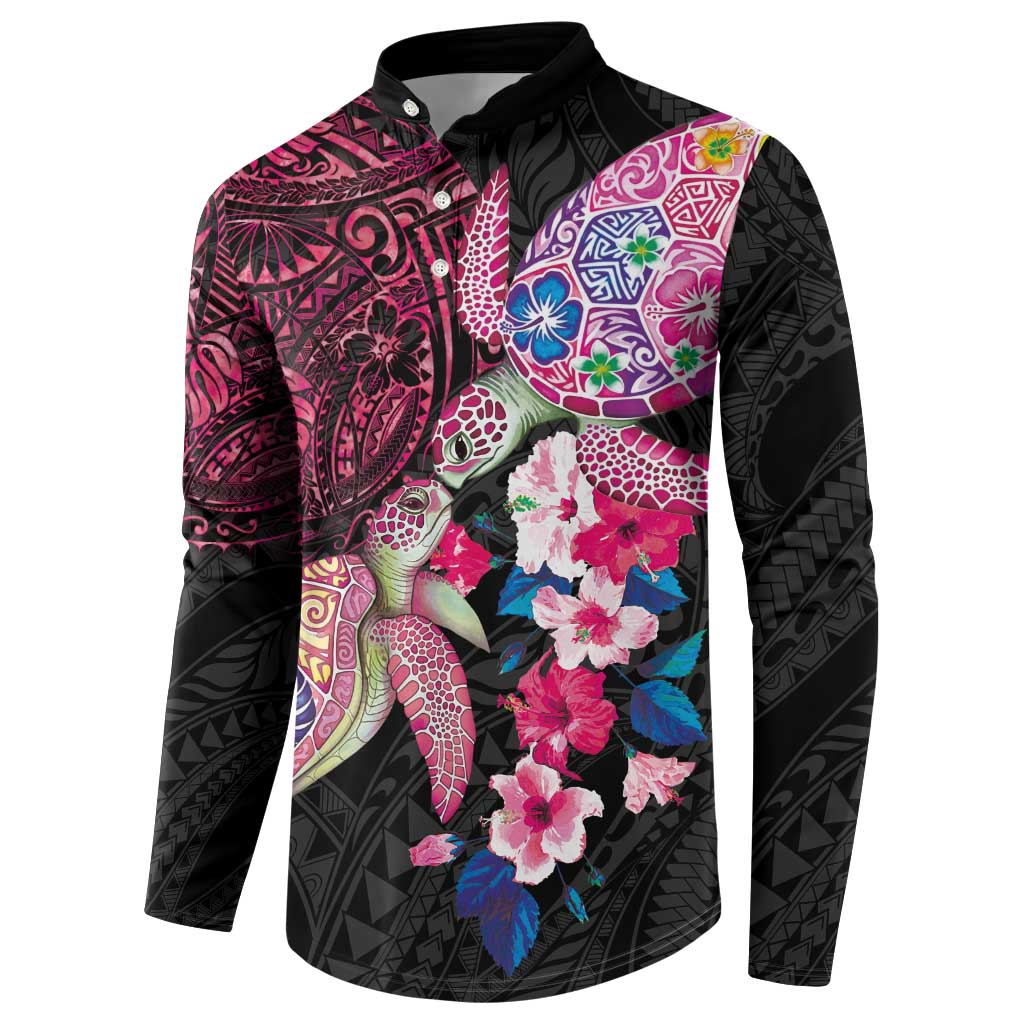 Hawaiian Couple Turtles Honi Button Sweatshirt Polynesian Art Motifs and Hibiscus Black Red Color - Polynesian Pride