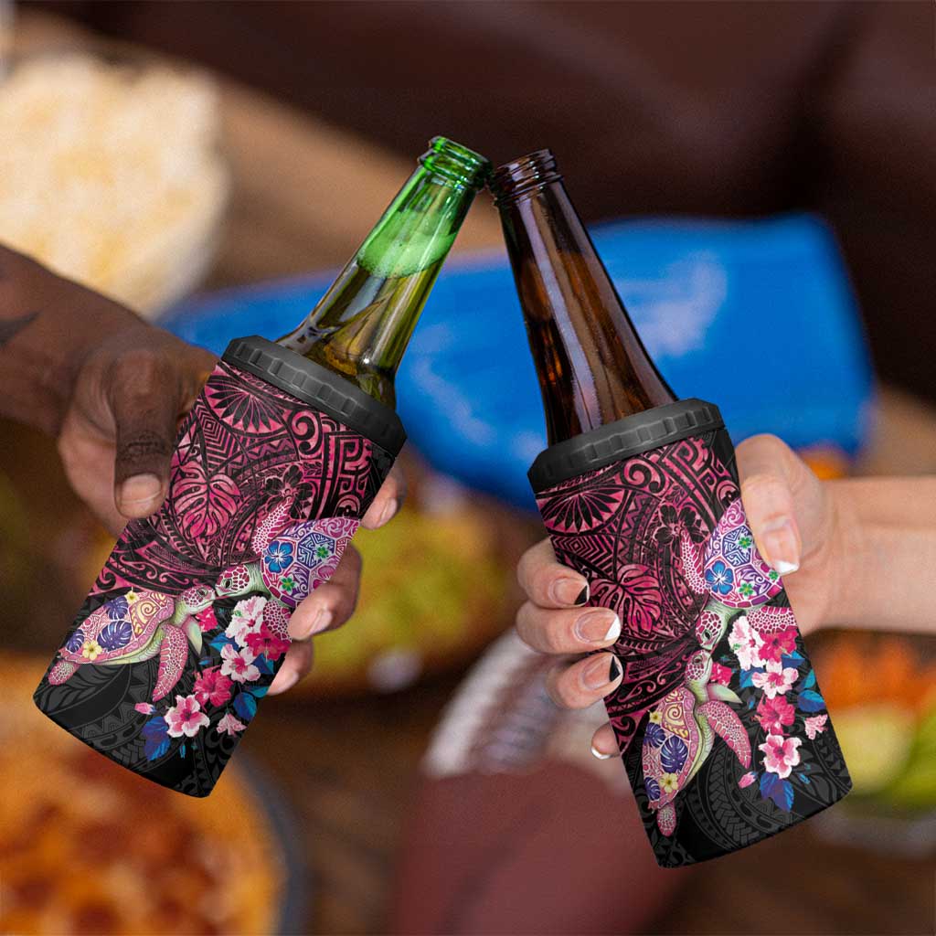 Hawaiian Couple Turtles Honi 4 in 1 Can Cooler Tumbler Polynesian Art Motifs and Hibiscus Black Red Color - Polynesian Pride