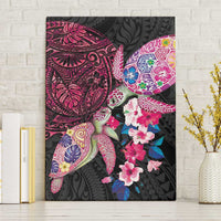 Hawaiian Couple Turtles Honi Canvas Wall Art Polynesian Art Motifs and Hibiscus Black Red Color - Polynesian Pride