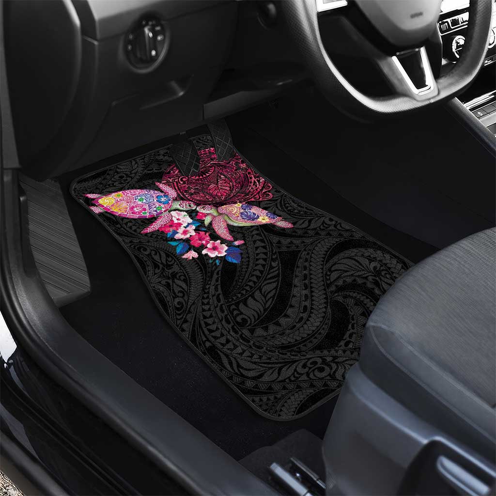 Hawaiian Couple Turtles Honi Car Mats Polynesian Art Motifs and Hibiscus Black Red Color - Polynesian Pride