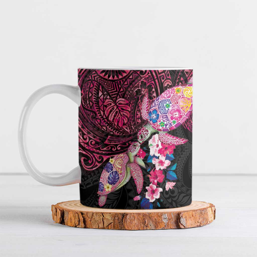 Hawaiian Couple Turtles Honi Ceramic Mug Polynesian Art Motifs and Hibiscus Black Red Color - Polynesian Pride