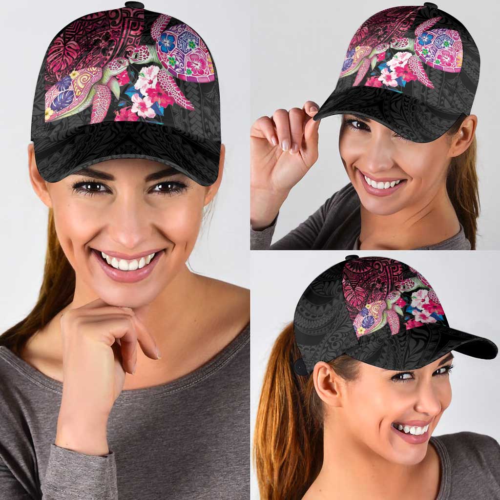 Hawaiian Couple Turtles Honi Classic Cap Polynesian Art Motifs and Hibiscus Black Red Color - Polynesian Pride