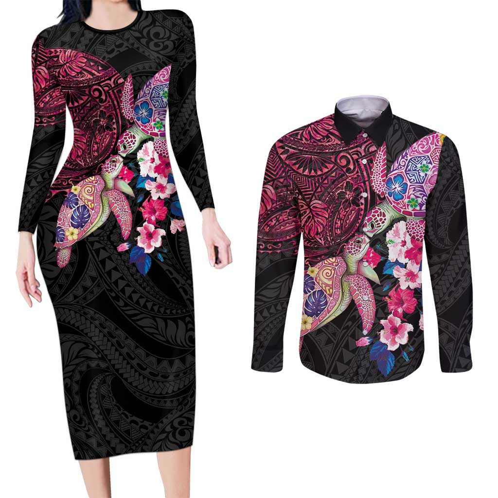 Hawaiian Couple Turtles Honi Couples Matching Long Sleeve Bodycon Dress and Long Sleeve Button Shirt Polynesian Art Motifs and Hibiscus Black Red Color - Polynesian Pride