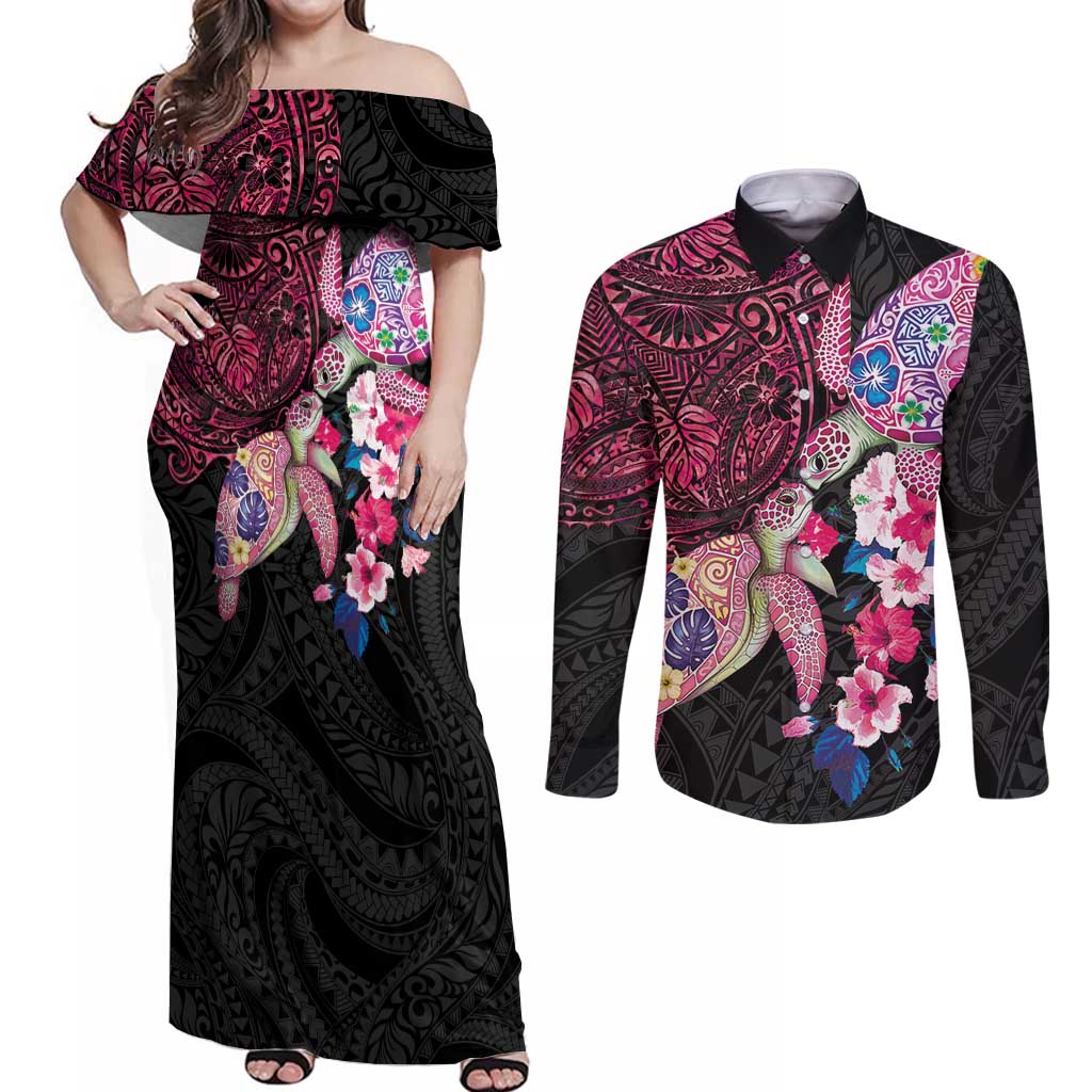 Hawaiian Couple Turtles Honi Couples Matching Off Shoulder Maxi Dress and Long Sleeve Button Shirt Polynesian Art Motifs and Hibiscus Black Red Color - Polynesian Pride