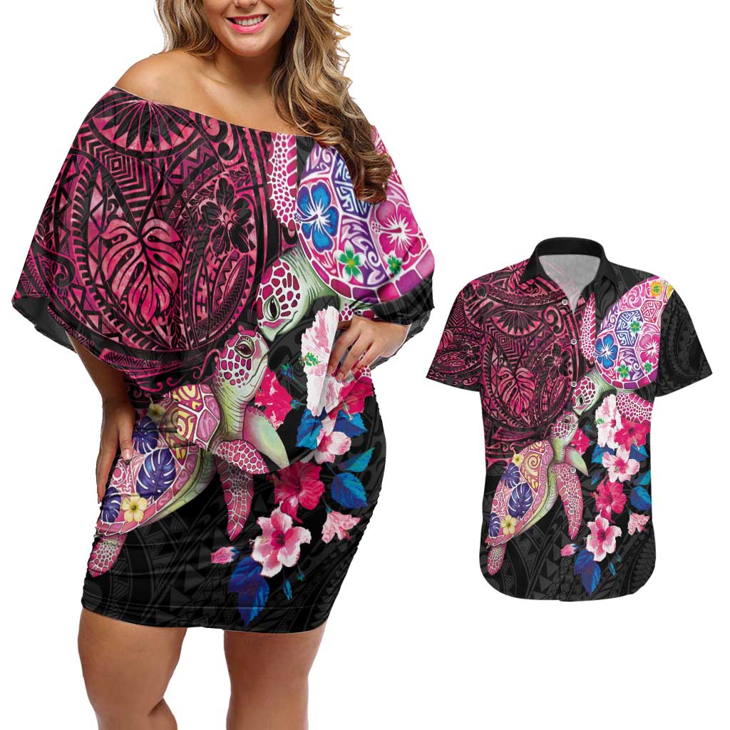 Hawaiian Couple Turtles Honi Couples Matching Off Shoulder Short Dress and Hawaiian Shirt Polynesian Art Motifs and Hibiscus Black Red Color - Polynesian Pride
