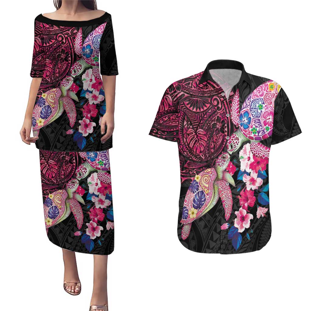 Hawaiian Couple Turtles Honi Couples Matching Puletasi and Hawaiian Shirt Polynesian Art Motifs and Hibiscus Black Red Color LT03 Black - Polynesian Pride