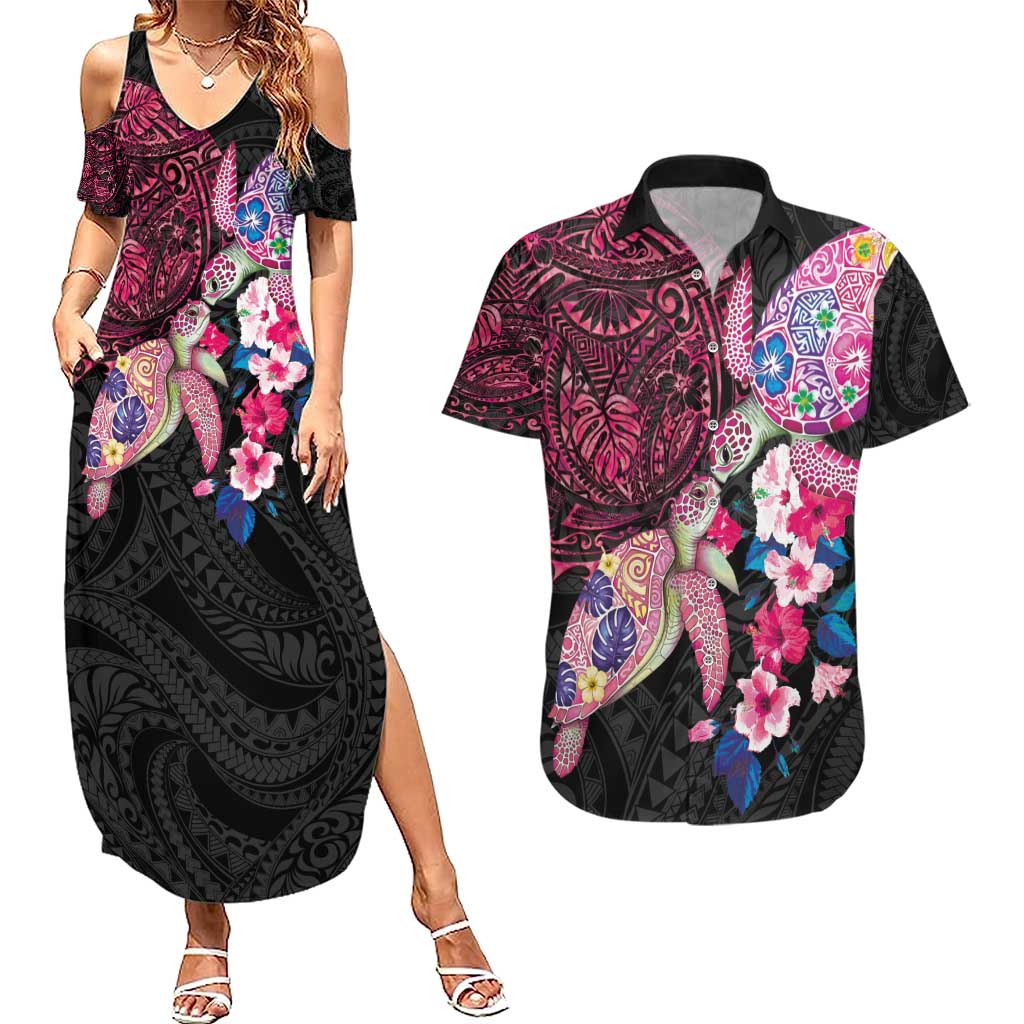 Hawaiian Couple Turtles Honi Couples Matching Summer Maxi Dress and Hawaiian Shirt Polynesian Art Motifs and Hibiscus Black Red Color - Polynesian Pride