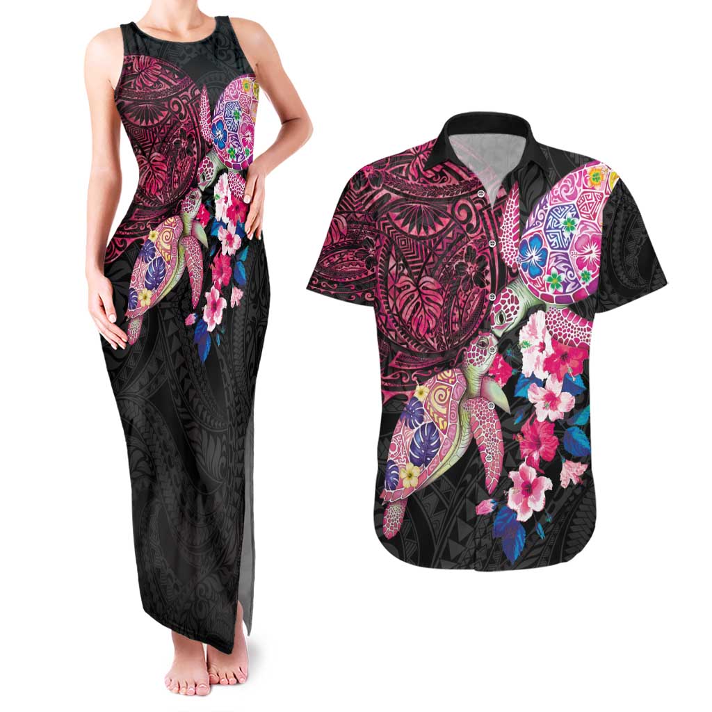 Hawaiian Couple Turtles Honi Couples Matching Tank Maxi Dress and Hawaiian Shirt Polynesian Art Motifs and Hibiscus Black Red Color - Polynesian Pride