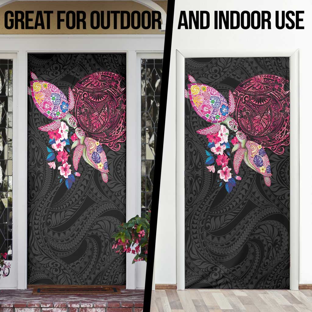 Hawaiian Couple Turtles Honi Door Cover Polynesian Art Motifs and Hibiscus Black Red Color - Polynesian Pride