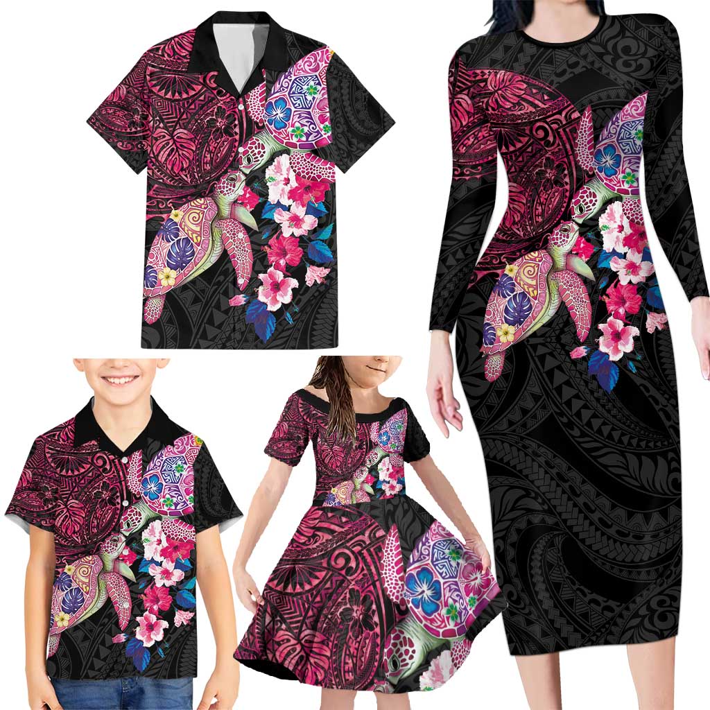 Hawaiian Couple Turtles Honi Family Matching Long Sleeve Bodycon Dress and Hawaiian Shirt Polynesian Art Motifs and Hibiscus Black Red Color - Polynesian Pride