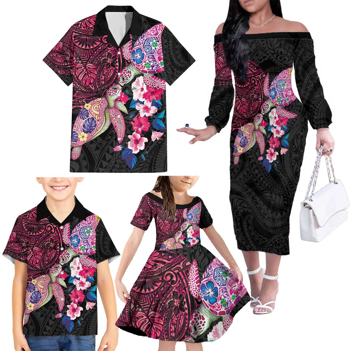 Hawaiian Couple Turtles Honi Family Matching Off The Shoulder Long Sleeve Dress and Hawaiian Shirt Polynesian Art Motifs and Hibiscus Black Red Color - Polynesian Pride