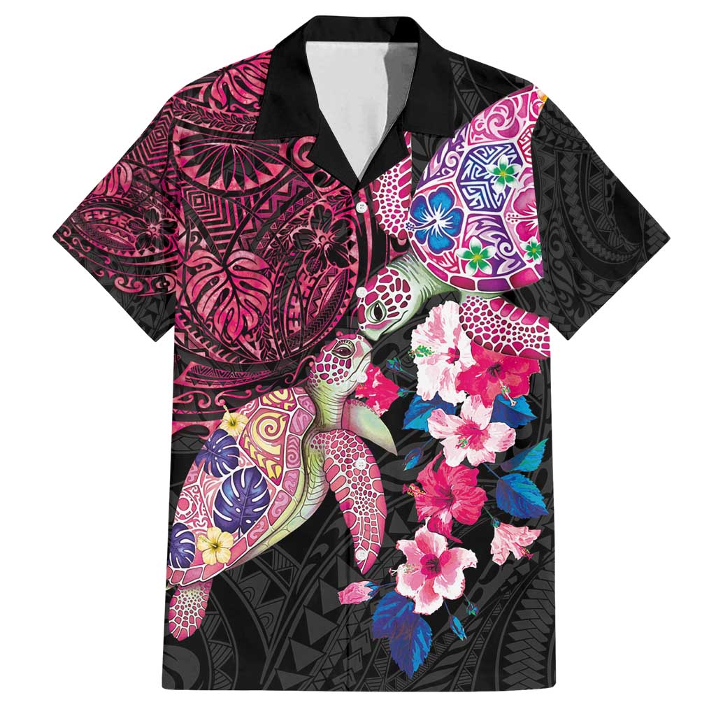 Hawaiian Couple Turtles Honi Family Matching Off Shoulder Maxi Dress and Hawaiian Shirt Polynesian Art Motifs and Hibiscus Black Red Color - Polynesian Pride