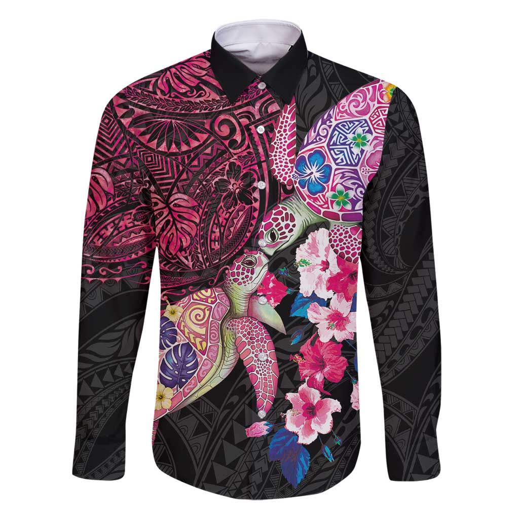 Hawaiian Couple Turtles Honi Family Matching Off Shoulder Maxi Dress and Hawaiian Shirt Polynesian Art Motifs and Hibiscus Black Red Color - Polynesian Pride