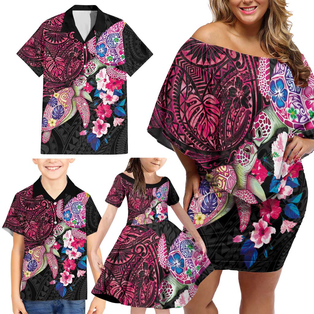 Hawaiian Couple Turtles Honi Family Matching Off Shoulder Short Dress and Hawaiian Shirt Polynesian Art Motifs and Hibiscus Black Red Color - Polynesian Pride