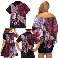 Hawaiian Couple Turtles Honi Family Matching Off Shoulder Short Dress and Hawaiian Shirt Polynesian Art Motifs and Hibiscus Black Red Color - Polynesian Pride