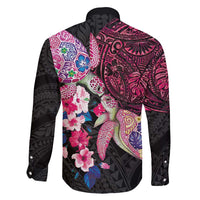 Hawaiian Couple Turtles Honi Family Matching Off Shoulder Short Dress and Hawaiian Shirt Polynesian Art Motifs and Hibiscus Black Red Color - Polynesian Pride