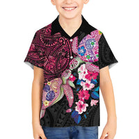 Hawaiian Couple Turtles Honi Family Matching Off Shoulder Short Dress and Hawaiian Shirt Polynesian Art Motifs and Hibiscus Black Red Color - Polynesian Pride