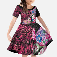 Hawaiian Couple Turtles Honi Family Matching Puletasi and Hawaiian Shirt Polynesian Art Motifs and Hibiscus Black Red Color LT03 Daughter's Dress Black - Polynesian Pride