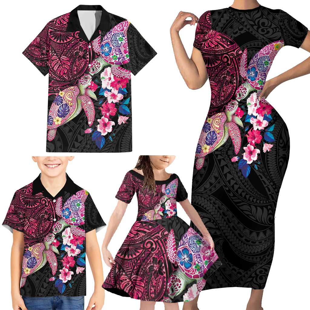 Hawaiian Couple Turtles Honi Family Matching Short Sleeve Bodycon Dress and Hawaiian Shirt Polynesian Art Motifs and Hibiscus Black Red Color - Polynesian Pride