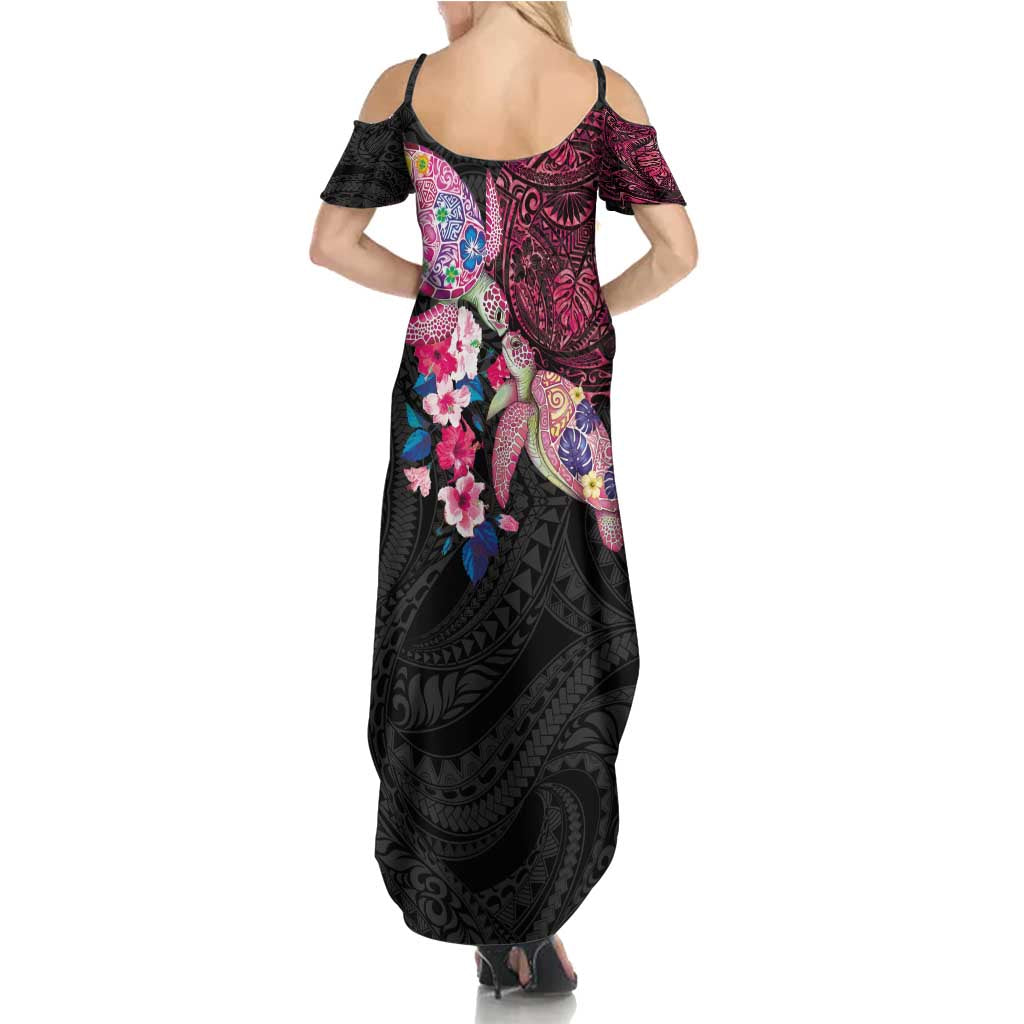 Hawaiian Couple Turtles Honi Family Matching Summer Maxi Dress and Hawaiian Shirt Polynesian Art Motifs and Hibiscus Black Red Color - Polynesian Pride