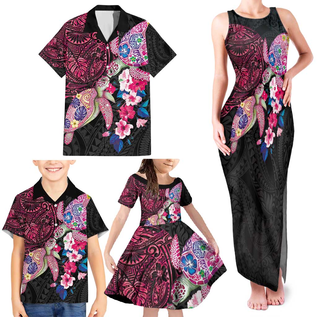 Hawaiian Couple Turtles Honi Family Matching Tank Maxi Dress and Hawaiian Shirt Polynesian Art Motifs and Hibiscus Black Red Color - Polynesian Pride