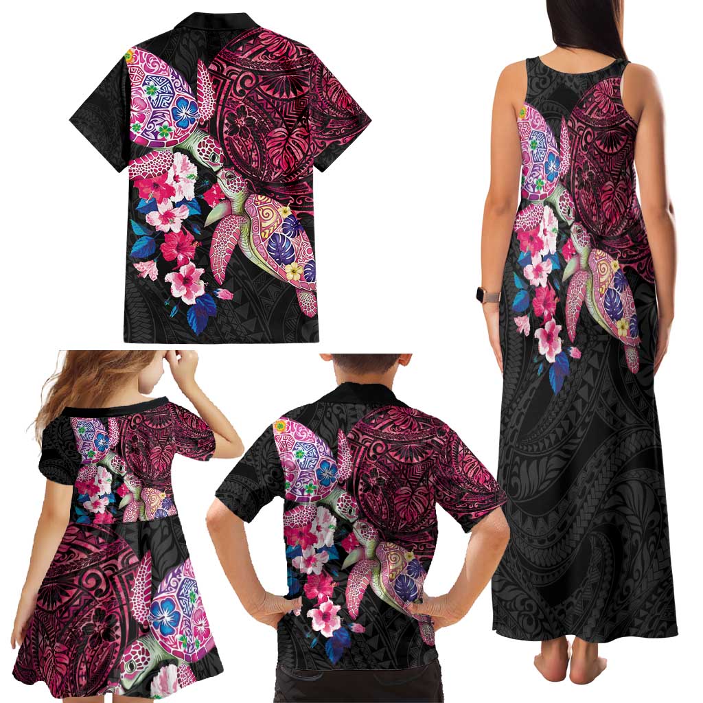 Hawaiian Couple Turtles Honi Family Matching Tank Maxi Dress and Hawaiian Shirt Polynesian Art Motifs and Hibiscus Black Red Color - Polynesian Pride