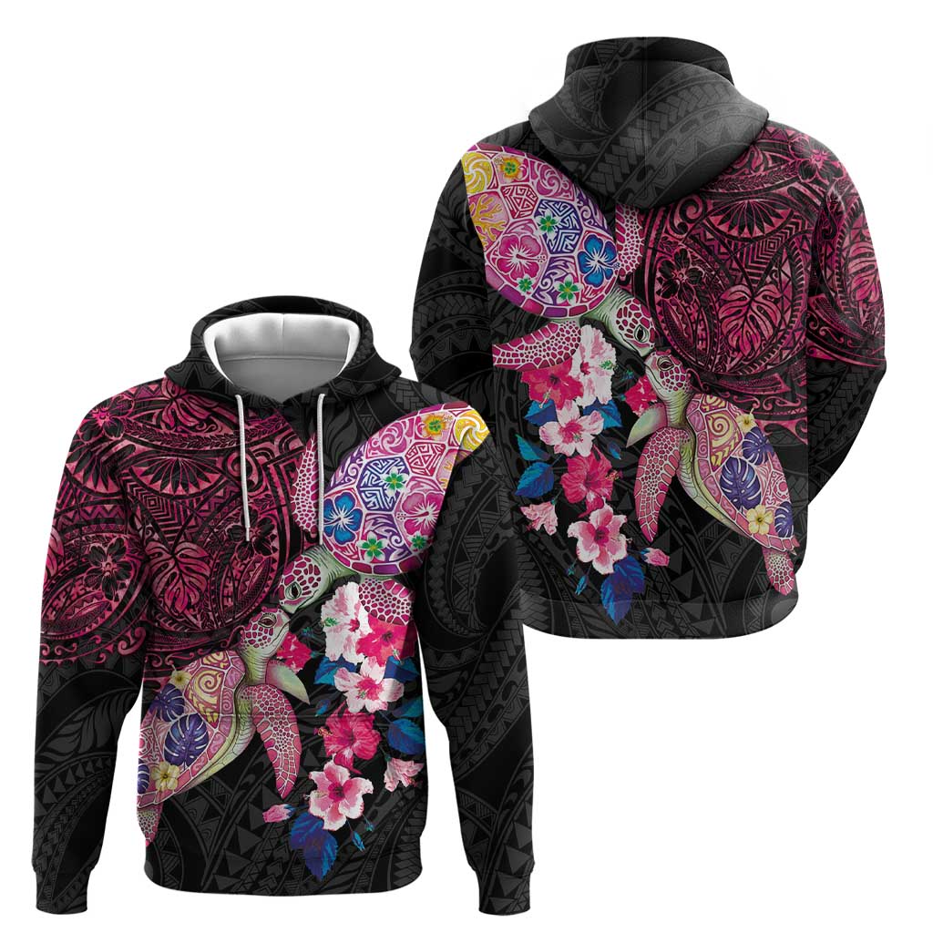 Hawaiian Couple Turtles Honi Hoodie Polynesian Art Motifs and Hibiscus Black Red Color - Polynesian Pride