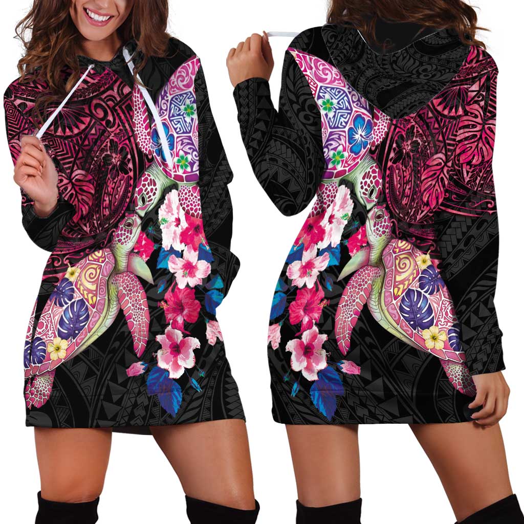 Hawaiian Couple Turtles Honi Hoodie Dress Polynesian Art Motifs and Hibiscus Black Red Color - Polynesian Pride