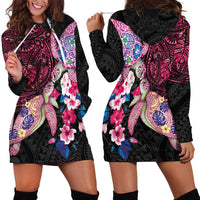 Hawaiian Couple Turtles Honi Hoodie Dress Polynesian Art Motifs and Hibiscus Black Red Color - Polynesian Pride