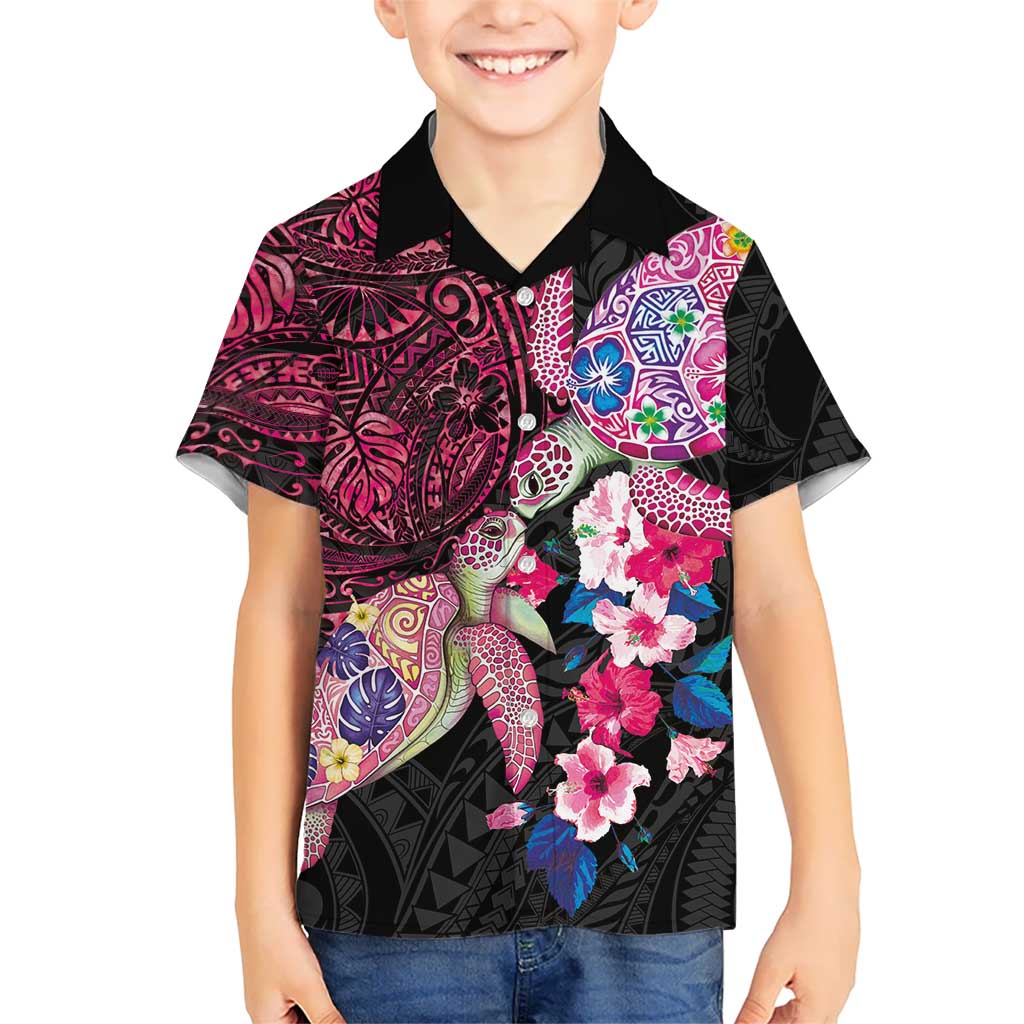 Hawaiian Couple Turtles Honi Kid Hawaiian Shirt Polynesian Art Motifs and Hibiscus Black Red Color - Polynesian Pride
