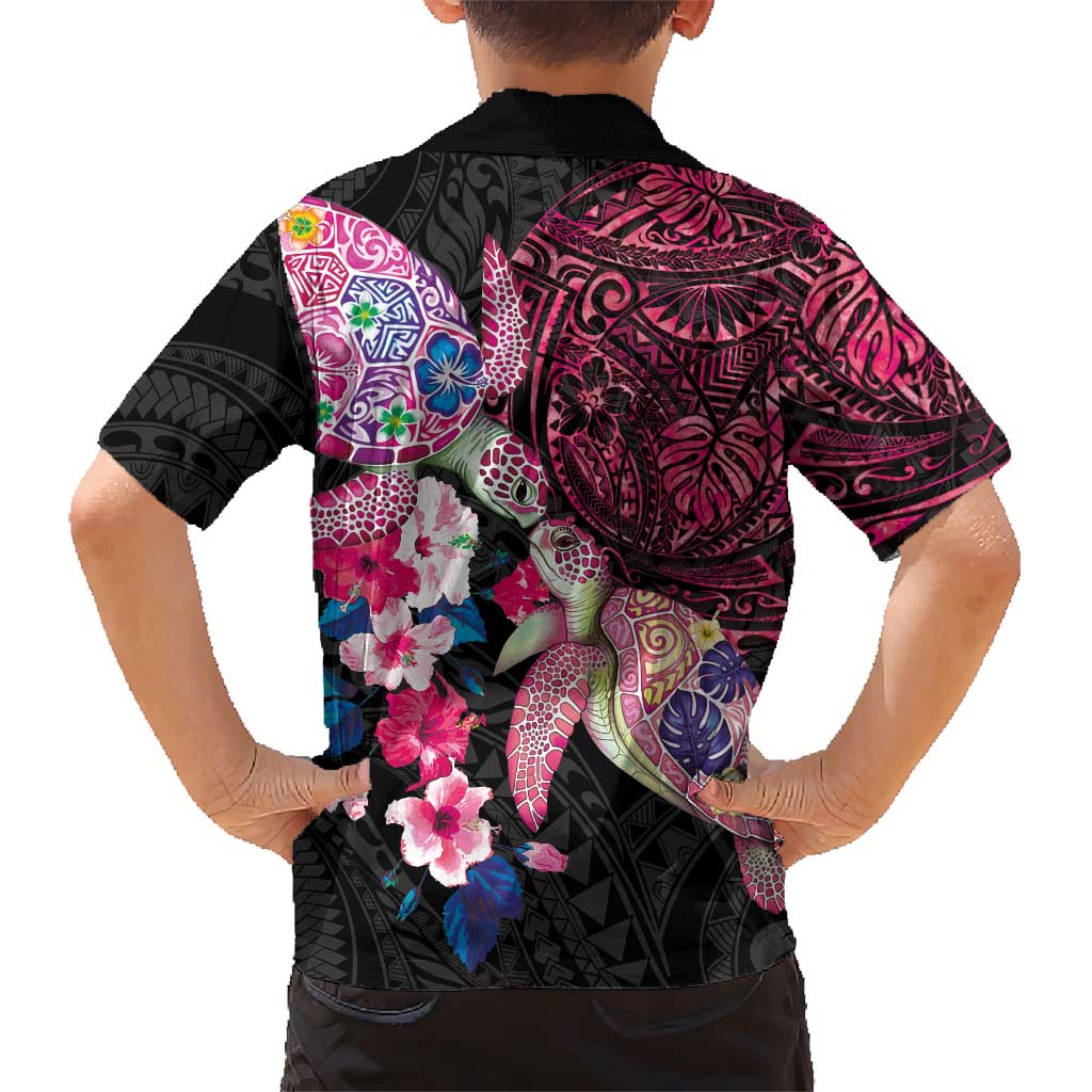 Hawaiian Couple Turtles Honi Kid Hawaiian Shirt Polynesian Art Motifs and Hibiscus Black Red Color - Polynesian Pride
