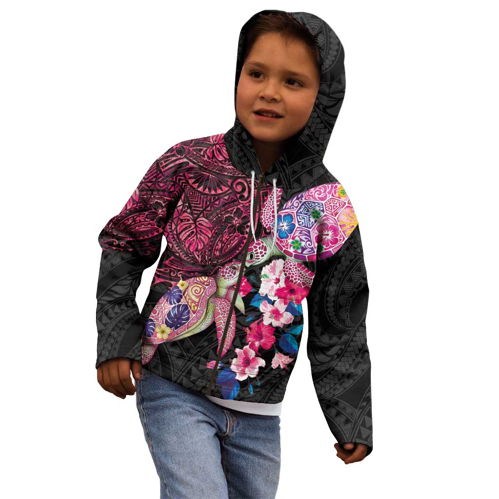 Hawaiian Couple Turtles Honi Kid Hoodie Polynesian Art Motifs and Hibiscus Black Red Color - Polynesian Pride