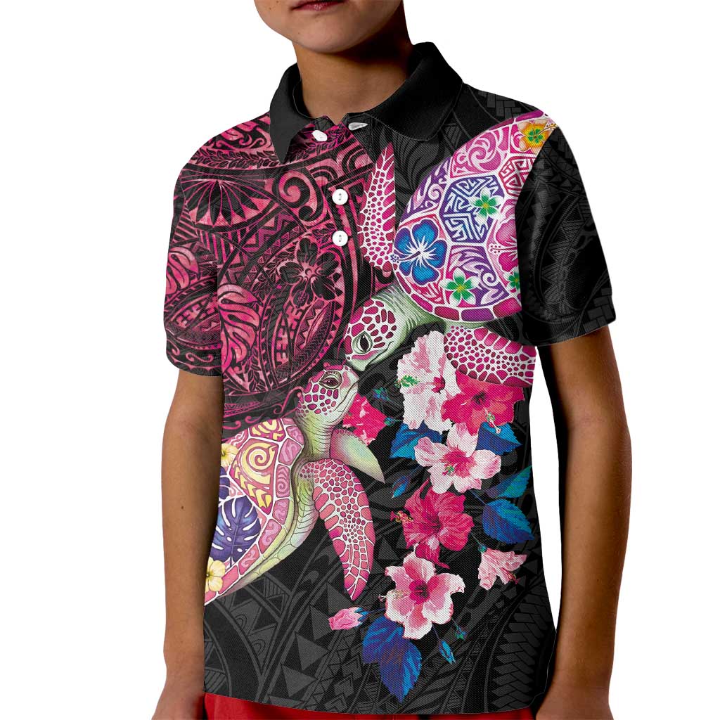 Hawaiian Couple Turtles Honi Kid Polo Shirt Polynesian Art Motifs and Hibiscus Black Red Color - Polynesian Pride