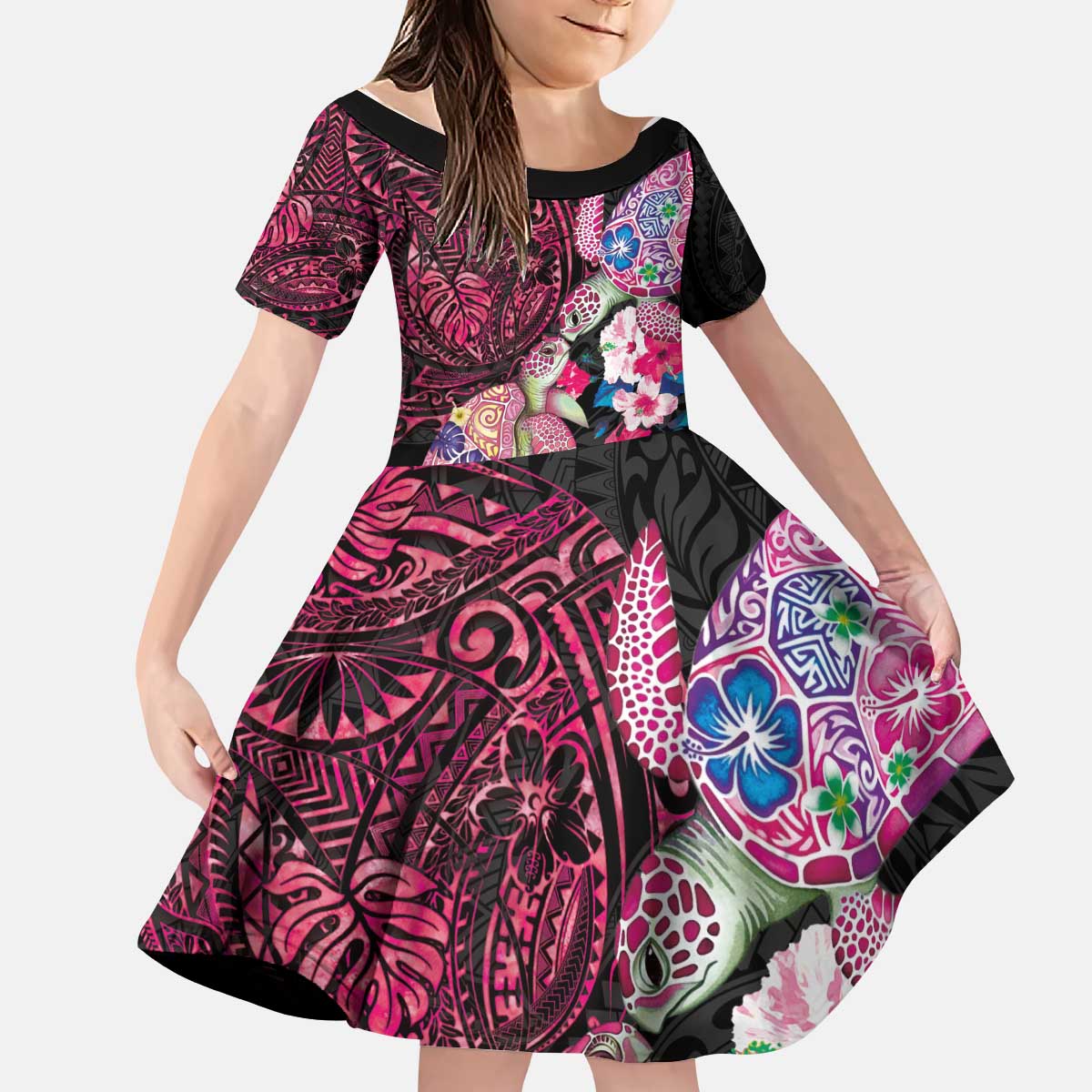 Hawaiian Couple Turtles Honi Kid Short Sleeve Dress Polynesian Art Motifs and Hibiscus Black Red Color - Polynesian Pride