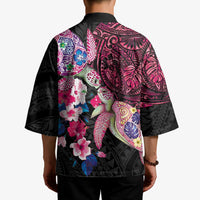Hawaiian Couple Turtles Honi Kimono Polynesian Art Motifs and Hibiscus Black Red Color - Polynesian Pride