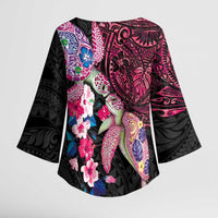 Hawaiian Couple Turtles Honi Kimono Sleeve Blouse Polynesian Art Motifs and Hibiscus Black Red Color - Polynesian Pride