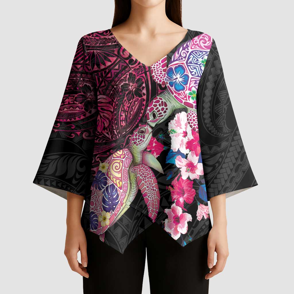 Hawaiian Couple Turtles Honi Kimono Sleeve Blouse Polynesian Art Motifs and Hibiscus Black Red Color - Polynesian Pride