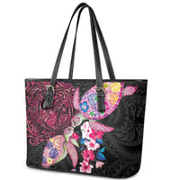 Hawaiian Couple Turtles Honi Leather Tote Bag Polynesian Art Motifs and Hibiscus Black Red Color - Polynesian Pride