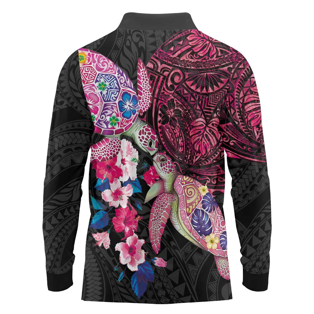 Hawaiian Couple Turtles Honi Long Sleeve Polo Shirt Polynesian Art Motifs and Hibiscus Black Red Color - Polynesian Pride