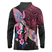 Hawaiian Couple Turtles Honi Long Sleeve Polo Shirt Polynesian Art Motifs and Hibiscus Black Red Color - Polynesian Pride