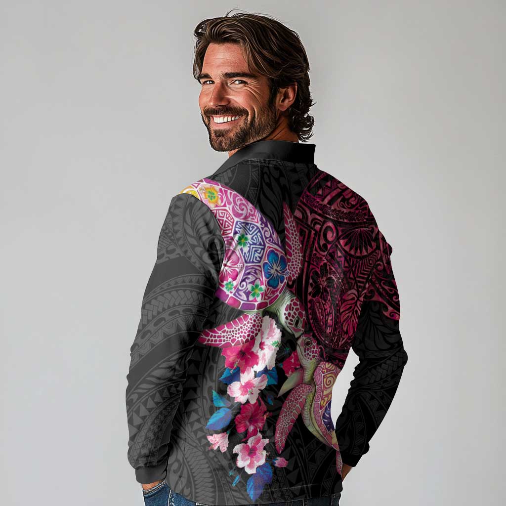 Hawaiian Couple Turtles Honi Long Sleeve Polo Shirt Polynesian Art Motifs and Hibiscus Black Red Color - Polynesian Pride