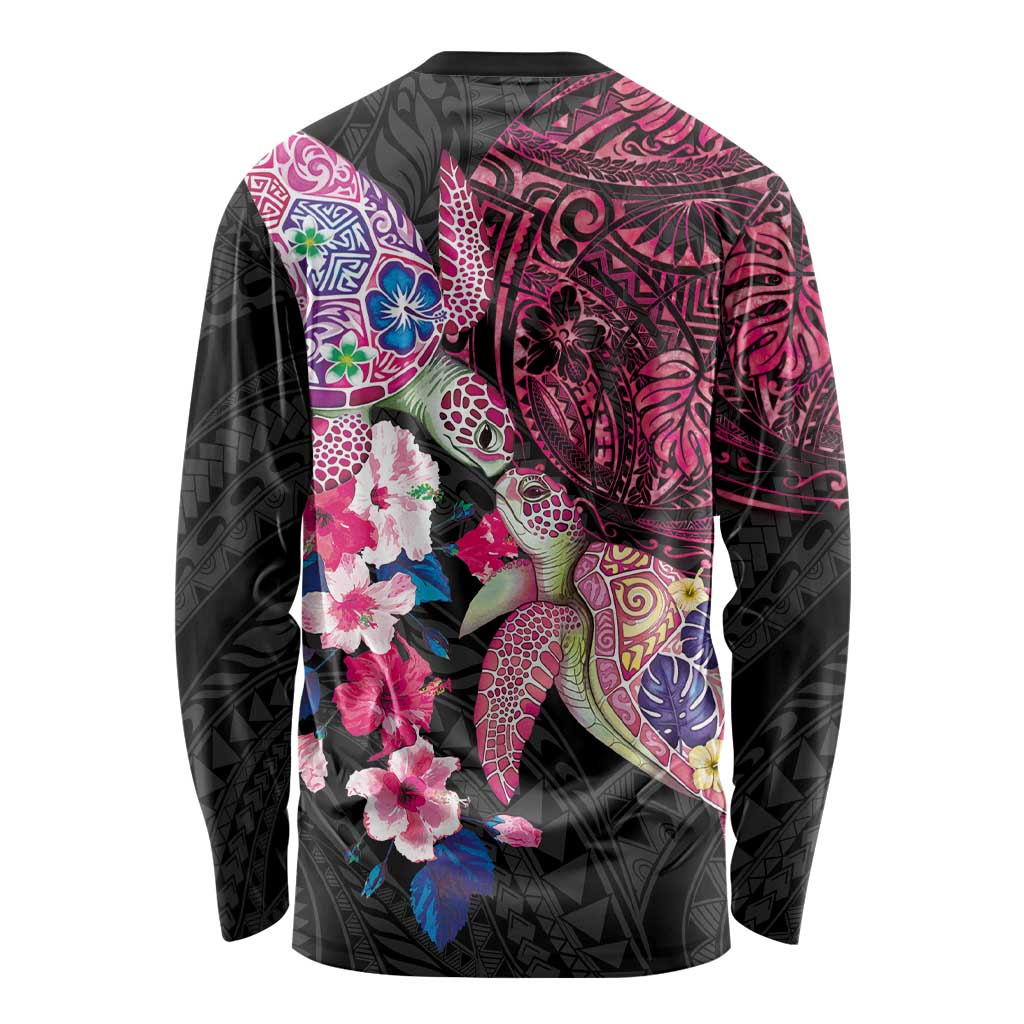 Hawaiian Couple Turtles Honi Long Sleeve Shirt Polynesian Art Motifs and Hibiscus Black Red Color - Polynesian Pride