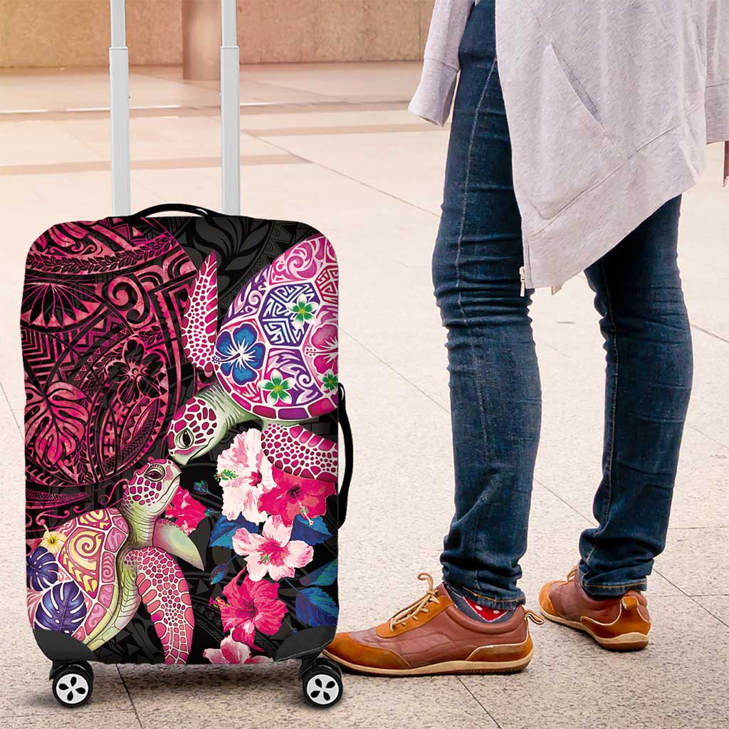 Hawaiian Couple Turtles Honi Luggage Cover Polynesian Art Motifs and Hibiscus Black Red Color - Polynesian Pride